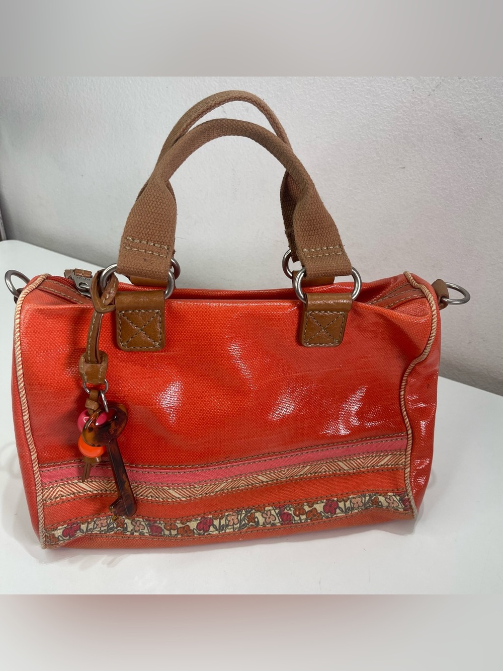 Fossil Key Per Satchel Bag Orange Coated Canvas Leather Trim Floral Key Charm